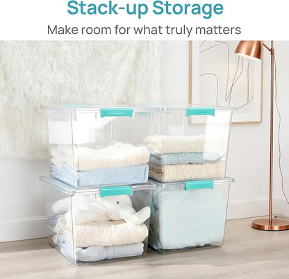 Vtopmart 1 Pack 72 QT Crystal Clear Storage Bins with Lids, 4 Pack Stackable Plastic Large Latching Boxes Totes Tubs Container for Closet Organizers and Storage, Bedroom, Clothes, Bedding