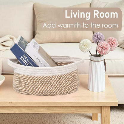Woven Basket,Small Rope Storage Bin with Handles & Ribbon Bag, Organizer for Shelves Closets,Gift Basket Empty for Birthday,Books,Dog Toys, White&Brown Block/2 Pack
