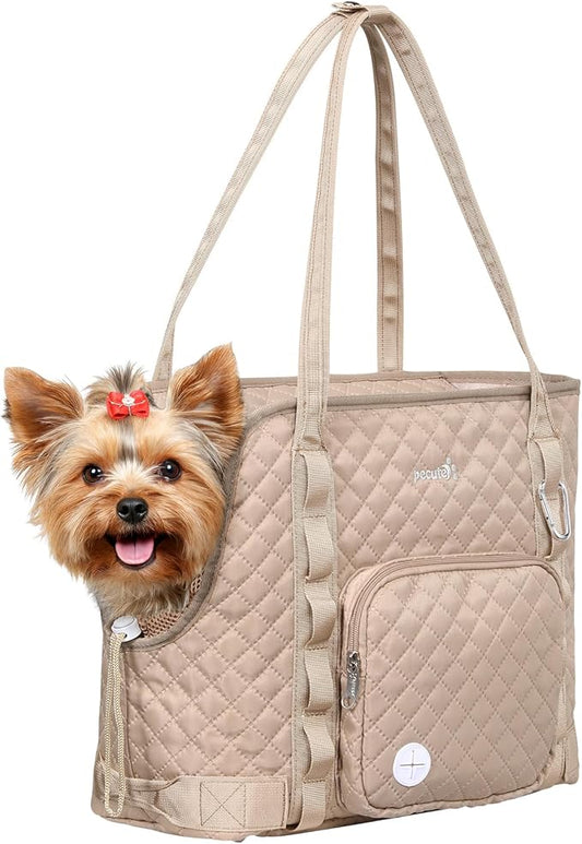 Pecute Dog Purse Carrier, Dog Carrier with Pockets for Small Dogs, Fits Dogs 5 lbs to 9 lbs, Cat and Puppies Tote Bag, Outing, Travel, Vet, Khaki