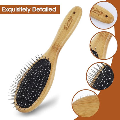 Dog Grooming Brush - 20mm Stainless Steel Round Pins, Bamboo Handle, No Scratch Brush for All Hair Types (1Pc)