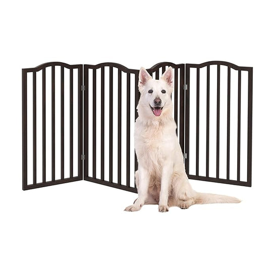 Indoor Pet Gate 4-Panel Foldable Dog Gate for Stairs Hallways or Doorways, Freestanding Wood & Metal Fence, Pet Barrier for Dogs, Cats, Puppies, Small-Medium Pets, 72 in Wide by PETMAKER (Brown)