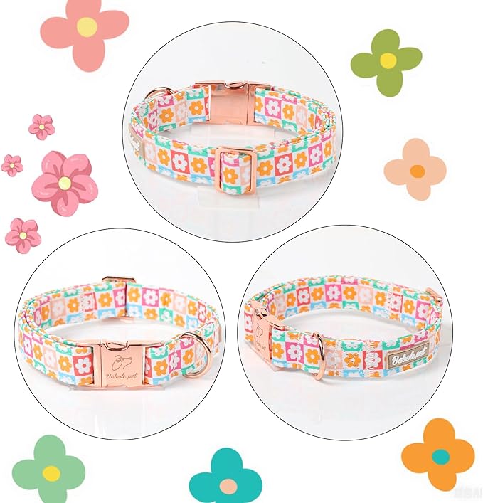 Spring Dog Collar, Pastel Checkered Flowers Pet Collar with Metal Buckel, Durable Adjustable Designer Dog Collars for Small Medium Large Dogs L