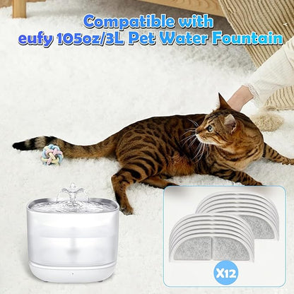 12 Pack Cat Water Fountain Filters for eufy Stainless Steel Water Dispensers 3L/105oz, Triple Filtration System Pet Fountain Filter Replacement for Cats Or Dogs