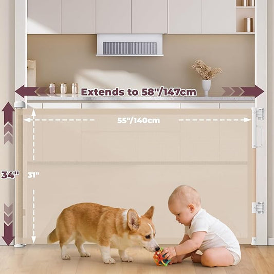 2Pack Retractable Baby Gates for Stairs, 58" Extra Wide Mesh Dog Gate for Doorways, Home Saftey Gate for Child Toddler Pet, Indoor and Outdoor Use, Easy Install, 34" Height, Beige