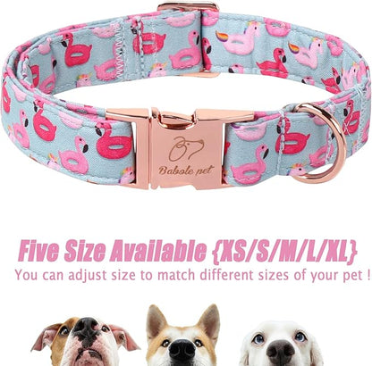 Adjustable Summer Dog Collar - Cute Pink Flamingo Dog Collars for Small Dogs, Durable Boy Girl Dogs Heavy Duty Metal Buckle Collar S