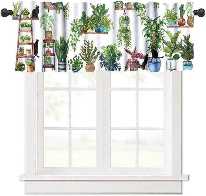 Bohemian Flower Window Valance Curtains, Colorful Boho Floral Black Cats Art Green House Tropical Plants Potted Flower Valance Curtain for Farmhouse Bedroom Living Room Kitchen 54x18inch
