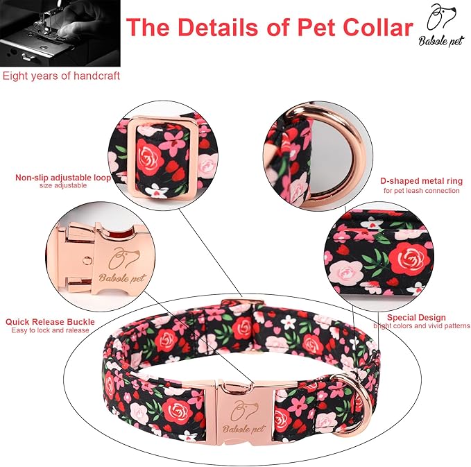 Floral Dog Collar - Rose Red Wild Flowers Pattern Cute Puppy Collar, Adjustable Winter Holiday Metal Buckle Dog Collars for Small Medium Large Dogs XS