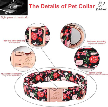 Floral Dog Collar - Rose Red Wild Flowers Pattern Cute Puppy Collar, Adjustable Winter Holiday Metal Buckle Dog Collars for Small Medium Large Dogs S