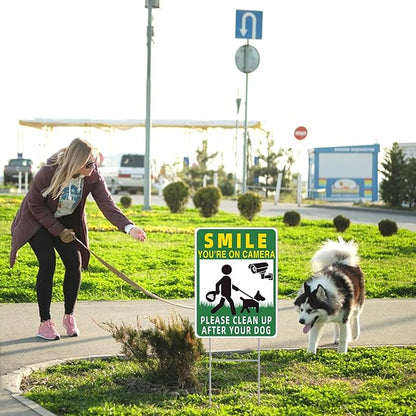 Clean UP After Your Dog Signs, 2-Pack 13"x10" Double-Sided H-Stake Metal Stakes Smile Your on Camera Signs, No Pooping Dog Signs for Yard, Pick Up After Your Dog Sign