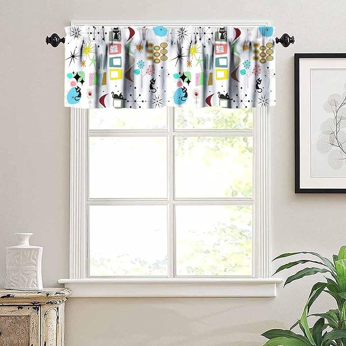 Mid Century Cat Window Valance Curtains, Retro Atomic Starburst Vintage Modern Abstract Geometric Pattern 50s 60s Curtains Valance for Bedroom Living Room Kitchen 54x18inch
