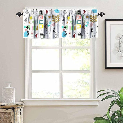Mid Century Cat Window Valance Curtains, Retro Atomic Starburst Vintage Modern Abstract Geometric Pattern 50s 60s Curtains Valance for Bedroom Living Room Kitchen 54x18inch