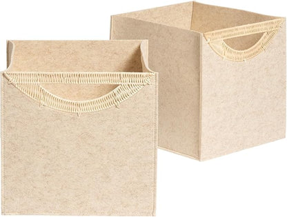 La Jolie Maison 2 Pack Foldable Oatmeal Felt Cube Bins, 13 Inch Storage Cube with Rattan Handle, Decorative Storage Bins for Closet Toys Bedroom