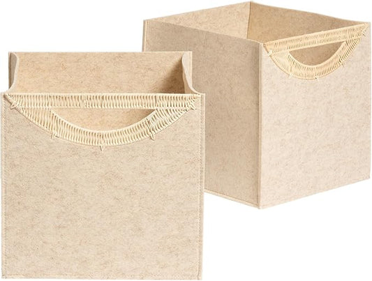 La Jolie Maison 2 Pack Foldable Oatmeal Felt Cube Bins, 13 Inch Storage Cube with Rattan Handle, Decorative Storage Bins for Closet Toys Bedroom