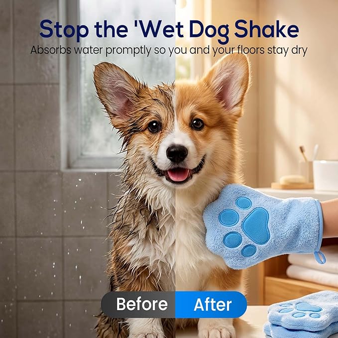 Paw Bathing Towel for Cats Puppy, Machine-Washable Reusable Pet Grooming Towel - Soft, Absorbent Quick-Dry Bath Mitt for Dirt Odor Removal, Daily Care & Travel (Blue)