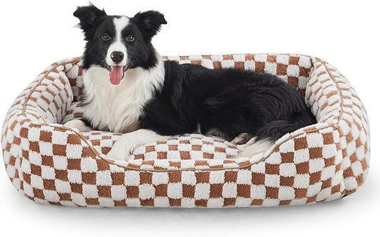 JOEJOY Dog Bed for Large Medium Small Dogs - Rectangle Orthopedic Dog Sofa Bed, Cute Modern Puppy Bed with Jacquard Shaggy Plush & Anti Slip Bottom, 35x25x10inches, Brown