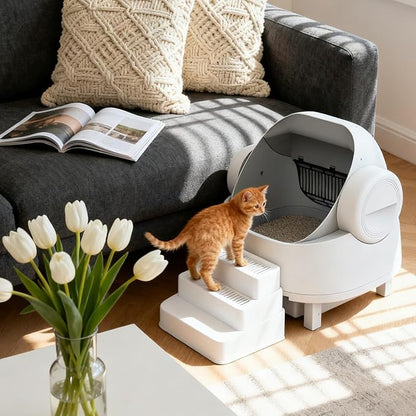 Adjustable 3 Steps Litter Box Ramp, Cat Ramp for Litter Box with Litter Trapper, Litter Box Step for Small & Elderly Cats, Fits Automatic Litter Boxes (White)