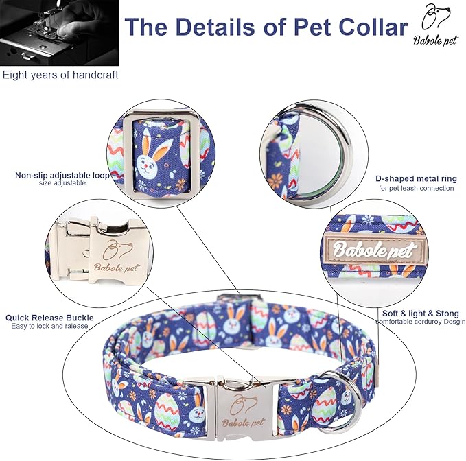 Easter Dog Collar, Cute Easter Bunny Eggs Pet Collar with Metal Buckel, Durable Adjustable Holiday Dog Collars for Small Medium Large Dogs M