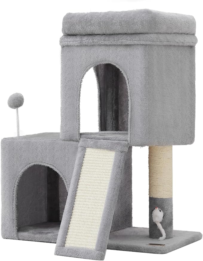 Woochpet 24inch Tall Cat Tree with 2 Cat Condo and Mouse Toy Cozy Small Cat Tower with Scratching Post and Board for Kitties and Small Cats.（Light Grey） (22 * 13 * 28)