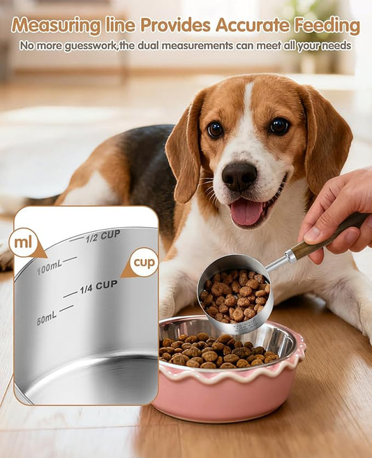 Stainless Steel Dog Food Scoop 1/2 Cup, Dog Food Measuring Cup With Measuring Lines & Long Wooden Handle, Metal Pet Food Scoop For Dogs, Cats and Kitchen Use (1/2 CUP)