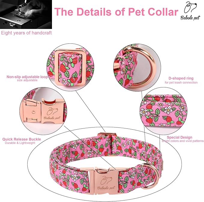 Sweet Strawberry Dog Collar, Cute Pink Summer Pet Collar with Metal Buckel, Durable Adjustable Designer Dog Collars for Small Medium Large Dogs S