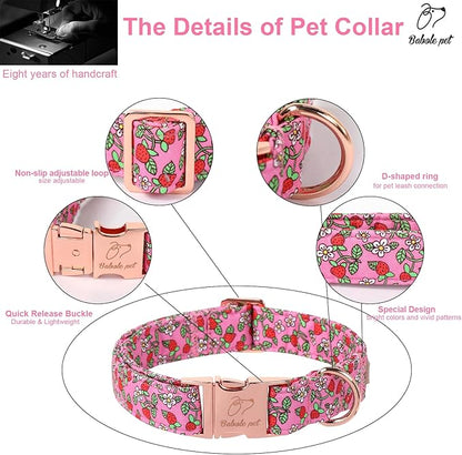 Sweet Strawberry Dog Collar, Cute Pink Summer Pet Collar with Metal Buckel, Durable Adjustable Designer Dog Collars for Small Medium Large Dogs XS