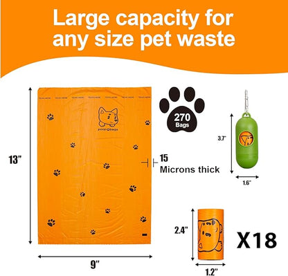 Dog Poop Bags With Dispenser, Strong and Leak-proof Waste Bags for Pets, Floral Scented, 270 Count (18 Packs of 15), 13 Inch x 9 Inch (Orange)