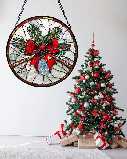 Stained Glass Window Hanging - Pine Branches Red Bow Suncatcher for Doors Home Christmas Decoration Silver Sun Catcher Thanksgiving New Year Birthday Gifts for Women Men Mom Nana 6.3 in