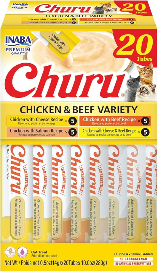 INABA Churu Cat Treats, Lickable, Squeezable Creamy Purée Cat Treat with Green Tea Extract & Taurine, 0.5 Ounces Each Tube, 20 Tubes, Chicken & Beef Variety Box