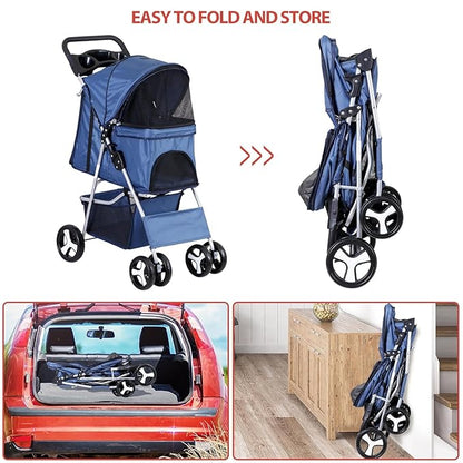 LEMY Pet Stroller,4 Wheels Dog Cat Stroller with Storage Basket&Cup Holder,Folding Dog Cat Cage Jogger Strollers for Small Medium Dogs Cats Travel,Navy Blue