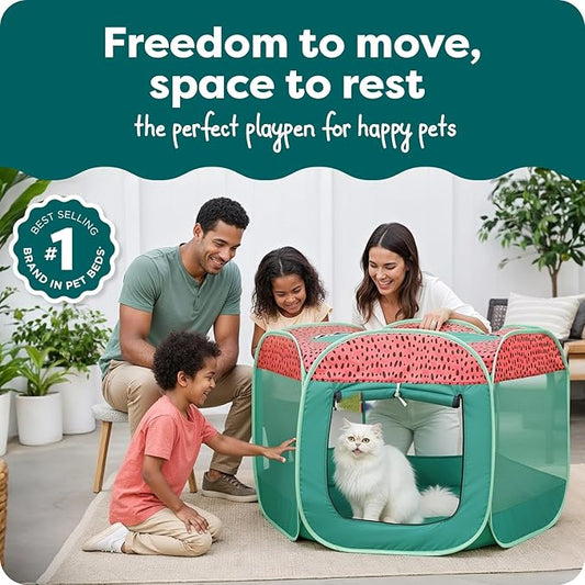 FurHaven Portable Pet Playpen for Dogs & Cats, Foldable Kitten Playpen with Mesh Sides, Pop Up Travel Dog Pen, Large, Green & Pink