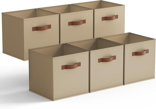 GRANNY SAYS Cube Storage Bins, 11 Inch Cube Storage Organizer with PU Handle, Khaki, Foldable Clothing Organizer Bins, Storage Baskets for Shelves, Closet, 6-Pack