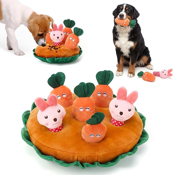 Skylety 7 Pcs Easter Interactive Dog Toys Set, Snuffle Mat for Dogs, Treat Hiding Puzzle and Squeaky Plush, Carrot Bunny Dog Toys for Small Medium Dogs, Training and Boredom Relief Plaything