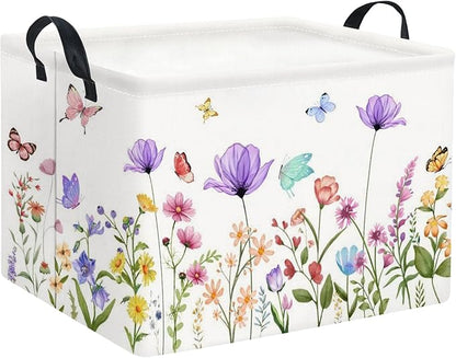 HIYAGON Rectangular Baby Girl Basket Kids Baby Storage Basket Toy Storage Bin Organizer Box Room Decor(Purple Flower)
