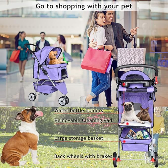 Dkeli 3-Wheel Pet Stroller, Lightweight Foldable Dog Stroller for Small Medium Dogs & Cats, Breathable Mesh & Weather Cover with Storage Basket, for Daily Walk Outdoor Travel (Purple)