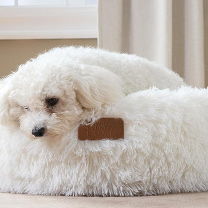 Town & Country Luxe CuddleTown Fuzzy Solid Donut Pet Bed, Soft, Cozy & Calming, Water Repellent, Non-Slip Bottom, 100% Machine Washable, Cream, Medium 28"x28"x7" Round