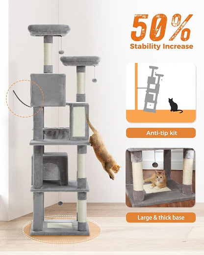 PEQULTI 71'' Cat Tree for Indoor Cats with Big Hammock, Tall Cat Tower for Large Cats with 2 Cat Condo, 2 Soft Top Perch, Scratching Posts and Pad, Grey