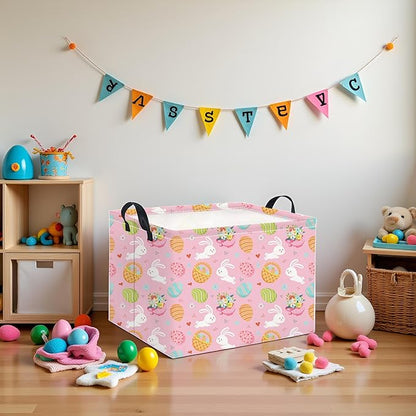 Rectangular Easter Basket for Home Kitchen Baby Girls Basket Cute Storage Bin Organizer Shelf Book Room Decor(Pink Bunny Egg)