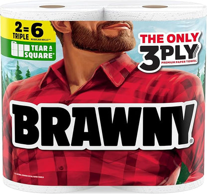 Brawny Tear-A-Square 3-Ply Paper Towels, 2 Triple Rolls = 6 Regular Rolls, Strong, Absorbent, and Durable with 3 Sheet Sizes (Quarter, Half, Full)