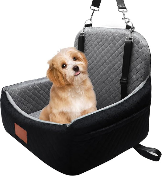 Small Dog Car Seat for Small Dogs Under 30 lbs, Memory Foam Pet Car Seat with Washable Cover, Safety Belts & Side Storage Pockets, Portable Travel Bed for SUV/Sedan (Black/Grey)