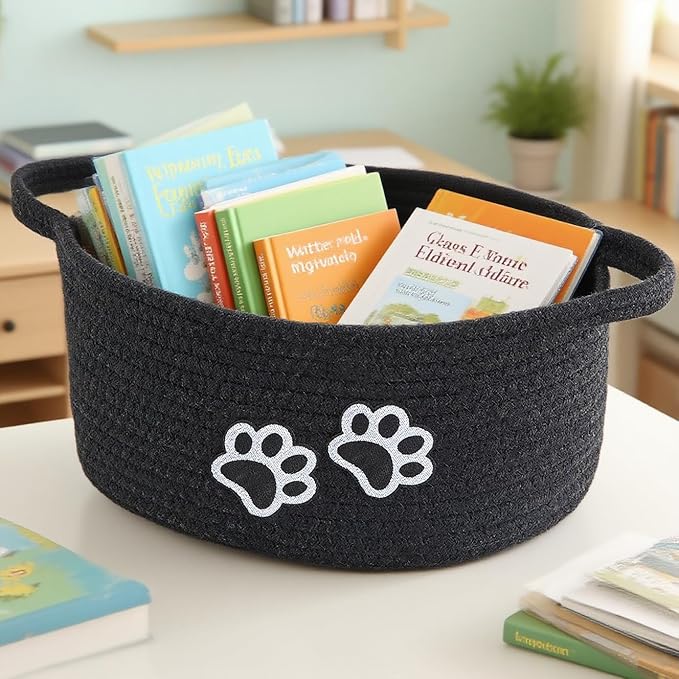 Small Woven Cotton Rope Nursery Organizer Bins, Dog Toy Basket Bins with Handle, Cute Empty Baby Gift Storage Baskets with Paw