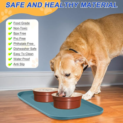 Silicone Pet Feeding Mat with Raised Edge for Food and Water, Dog Bowl Mats, Cat Bowls Placemat with High Lip for Floor Waterproof, Rubber Tray for Cats and Dogs 22 x 14 x0.8 Slate Blue