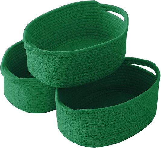 Woven Basket,Small Rope Storage Bin with Handles & Ribbon Bag, Organizer for Shelves Closets,Gift Basket Empty for Birthday,Books,Dog Toys, Green/3 Pack