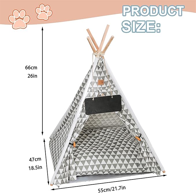 Pet Teepee, Portable Pet Tents for Small Dogs or Cats, Puppy Sweet Bed Washable Dog or Cat Houses with Cushion(Grey2,24in)