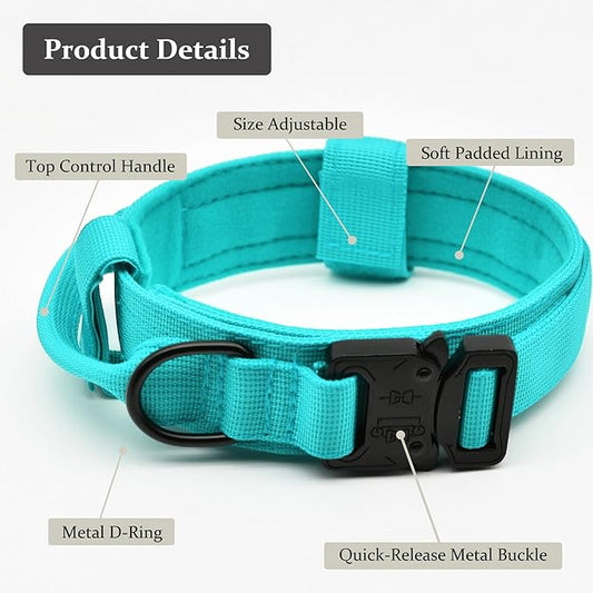 Tactical Dog Collar, Adjustable Military Training Nylon Dog Collar with Control Handle and Heavy Quick-Release Metal Buckle for Small Medium Large Dogs, Blue S
