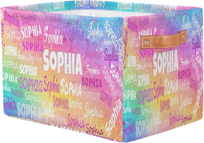 Custom Rectangle Storage Basket, Personalized Name Organizer Bin for Pet/Children Toys, Books, Clothes, Perfect for Rooms/Playroom, Watercolor Colorful Pink