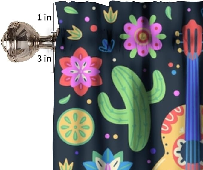 Mexican Style Valances Curtain for Kitchen, Mexico Cinco De Mayo Flowers Cactuses Singer Window Treatment Valances Short Curtains Rod Pocket Drape for Dining Room Home Decor, 54x18inch