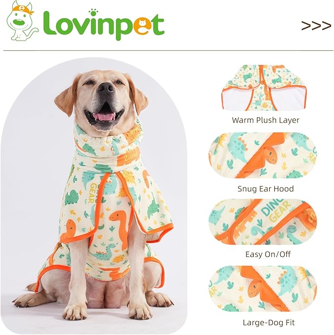 LovinPet 3‑in‑1 Dog Warm Winter Coat & Bathrobe, Hooded Dinosaur Fleece, Lightweight High‑Loft, Absorbent Knit, Quiet Hook‑and‑Loop, Wind‑Blocking Edges, Dog Robes for Medium & Large Dogs, Orange,L