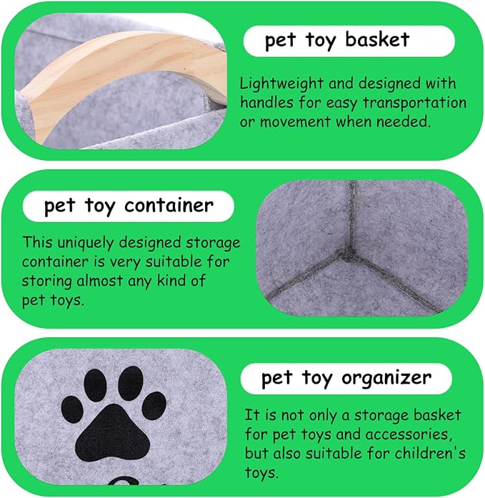 POPETPOP Pet Toy Storage Bin Felt Basket with Wooden Handles 15.35X10.62X7.08 Inch Organizer Container for Dog Cat Accessories Toys and Treats Storage