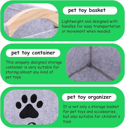 POPETPOP Pet Toy Storage Bin Felt Basket with Wooden Handles 15.35X10.62X7.08 Inch Organizer Container for Dog Cat Accessories Toys and Treats Storage