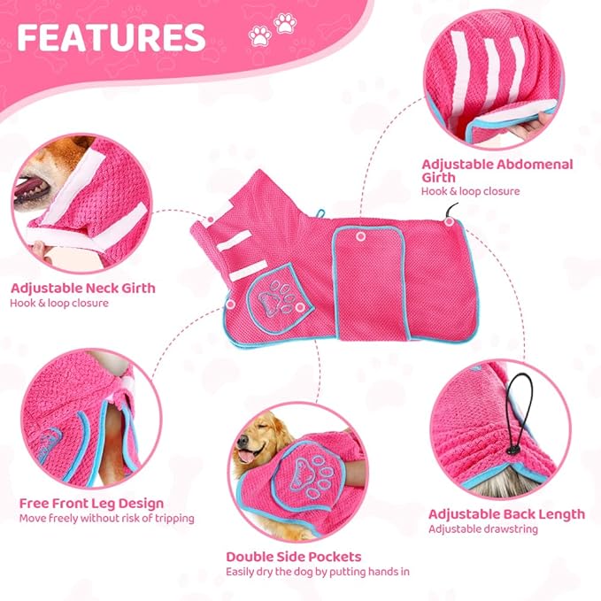 Dog Bathrobe Towel - Super Absorbent Dog Drying Coat, Warming Bath Robes for After Bath Shower Swim Walk for Small Medium Large Dogs Cats Pet